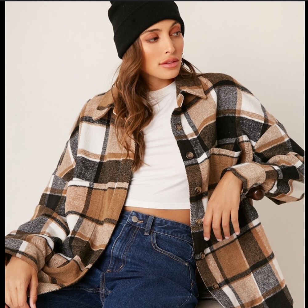 Plaid Pattern Brown Long Sleeve Shirt Jacket Shacket